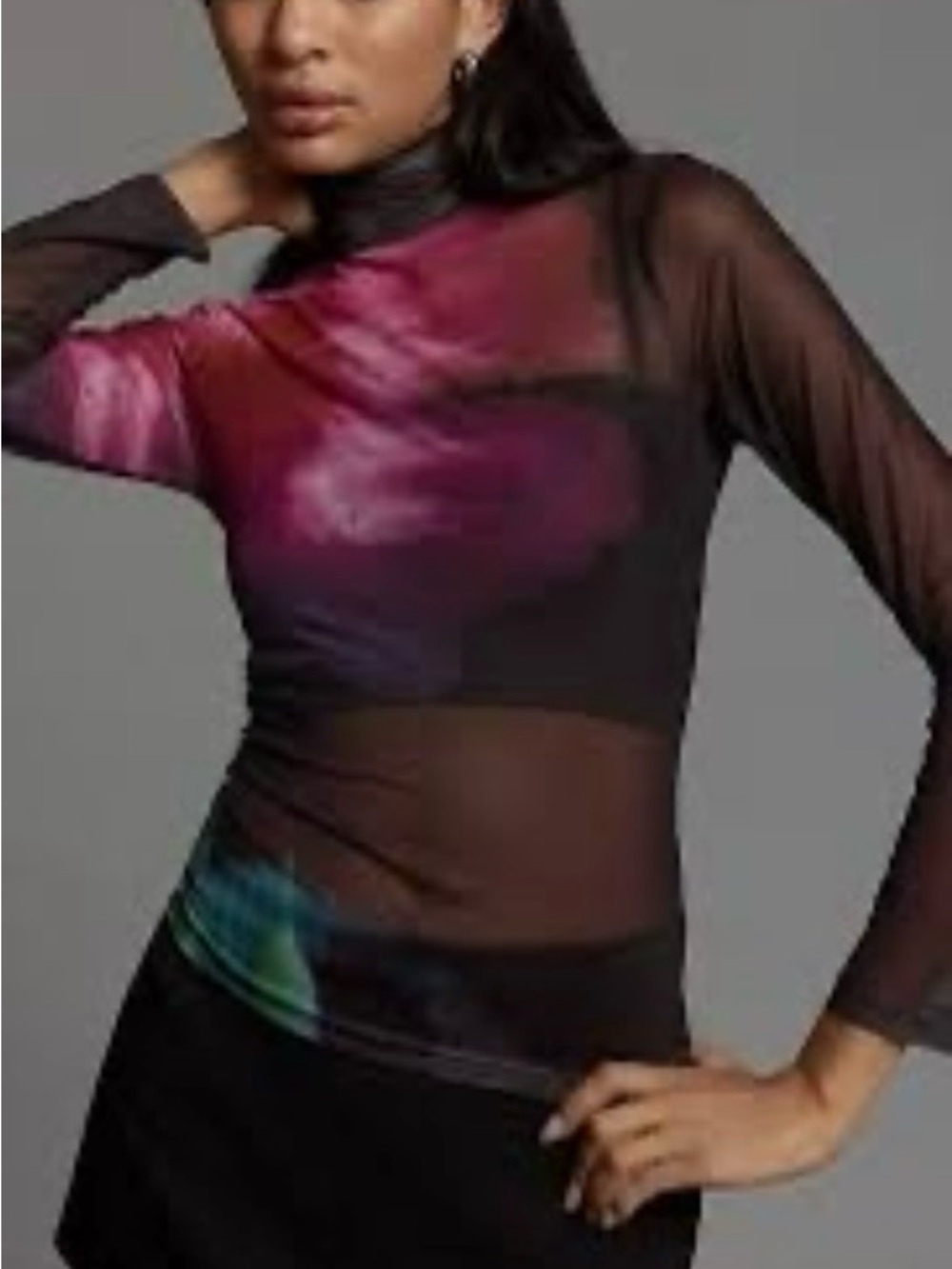 Anthropologie Mesh Sheer Tie Dye Long Sleeve Top Womens S Pink Blue Black